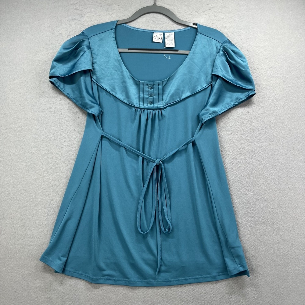 Duo Shirt Womens XL Blue Maternity Flutter Sleeve‎ Satin Trim Front Tie Blouse